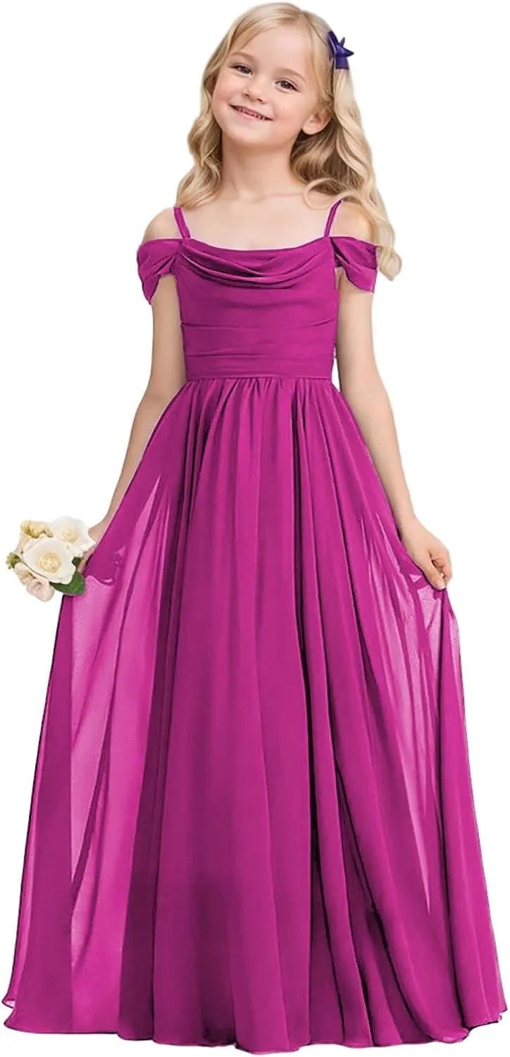 Cold Shoulder Juniors Bridesmaid Dress Long Chiffon Flower Girl Dresses for Wedding A Line Pageant Gown