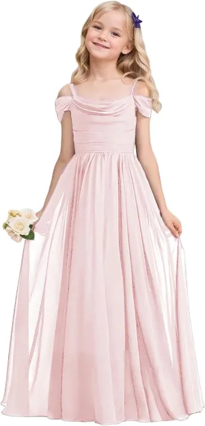 Cold Shoulder Juniors Bridesmaid Dress Long Chiffon Flower Girl Dresses for Wedding A Line Pageant Gown