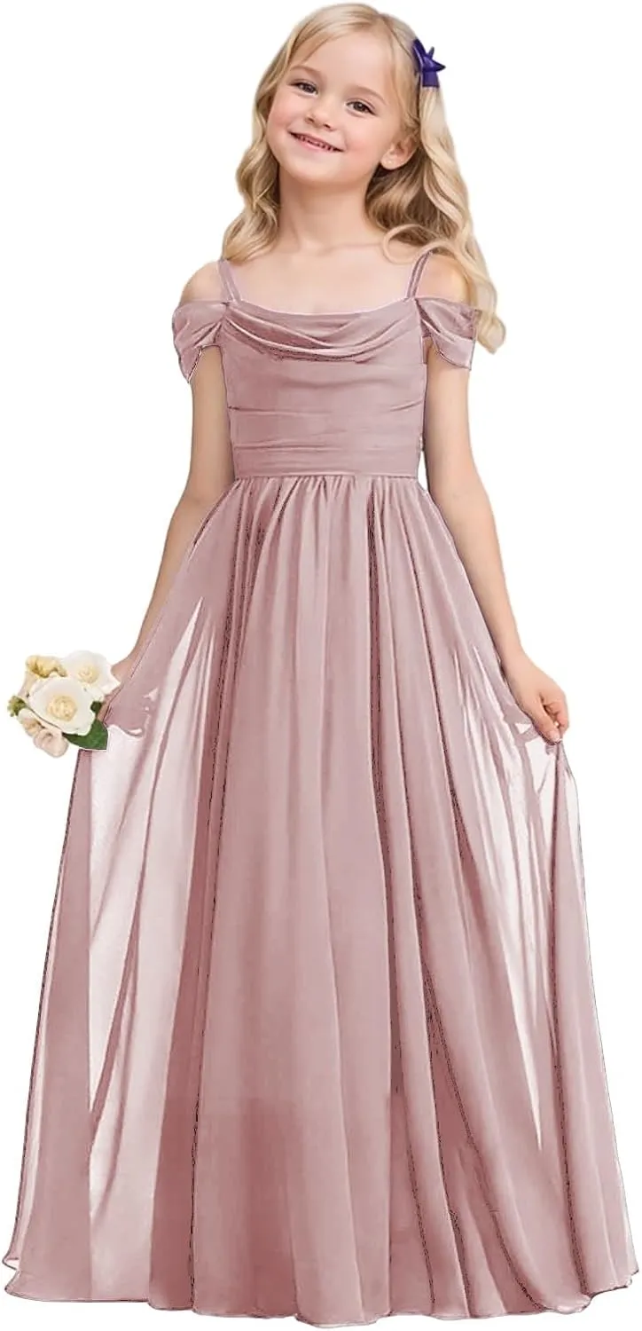 Cold Shoulder Juniors Bridesmaid Dress Long Chiffon Flower Girl Dresses for Wedding A Line Pageant Gown