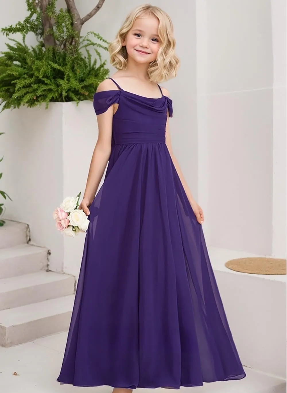 Cold Shoulder Juniors Bridesmaid Dress Long Chiffon Flower Girl Dresses for Wedding A Line Pageant Gown