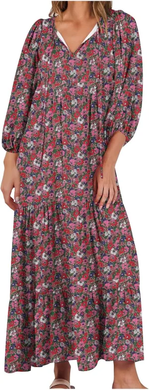 Cute Beach Vacation Sundresses Women Trendy Casual Summer Half Sleee V -Neck Maxi Dress Boho Floral Flowy Dresses