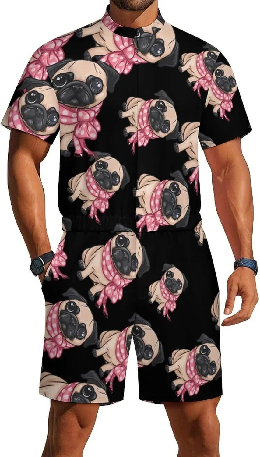 Cute Pug Mens Short Sleeve Rompers Printed Slim Fit One Piece Jumpsuit with Pocket