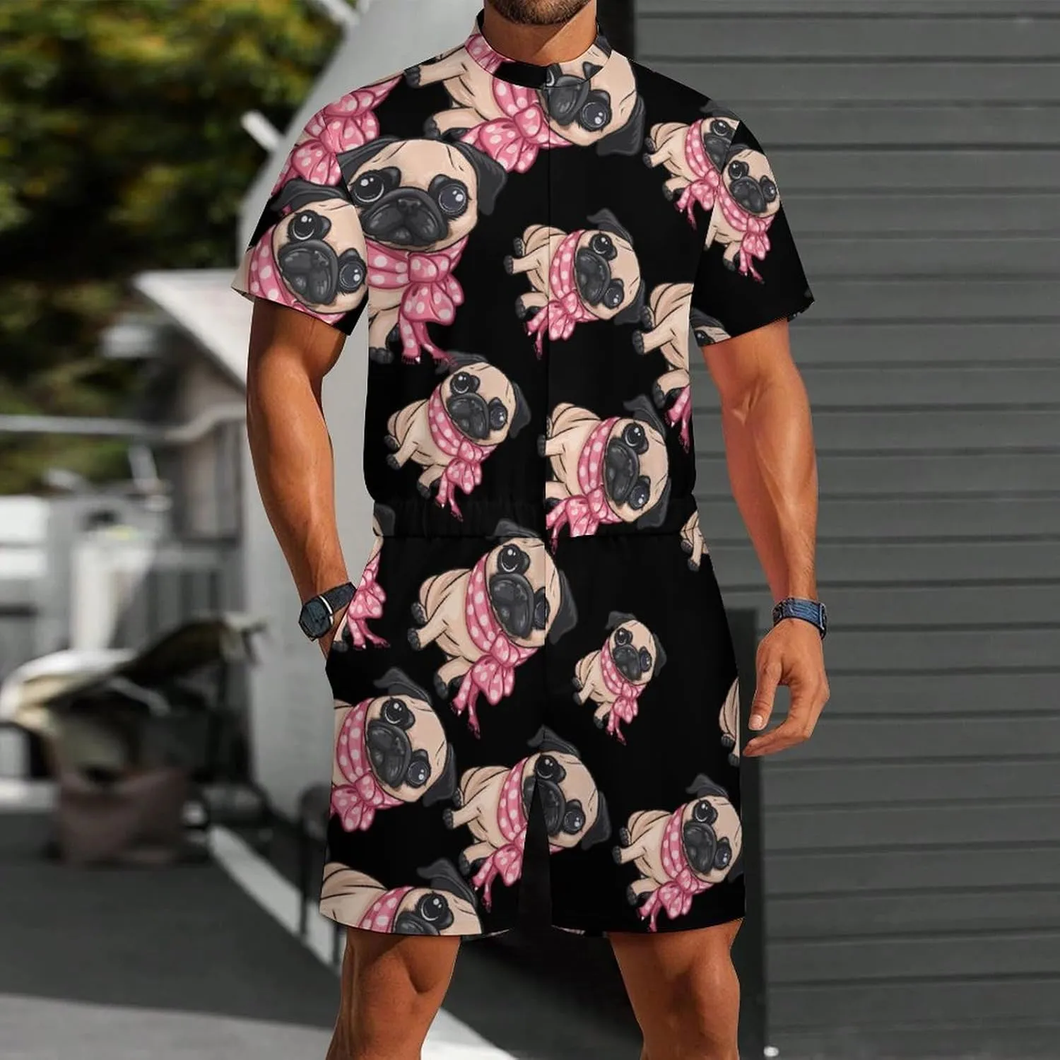 Cute Pug Mens Short Sleeve Rompers Printed Slim Fit One Piece Jumpsuit with Pocket