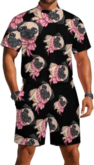 Cute Pug Mens Short Sleeve Rompers Printed Slim Fit One Piece Jumpsuit with Pocket