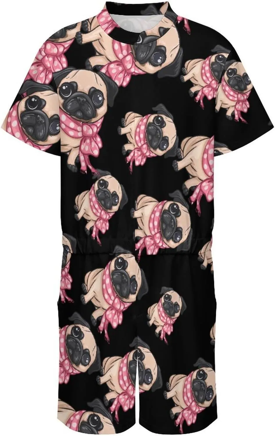 Cute Pug Mens Short Sleeve Rompers Printed Slim Fit One Piece Jumpsuit with Pocket