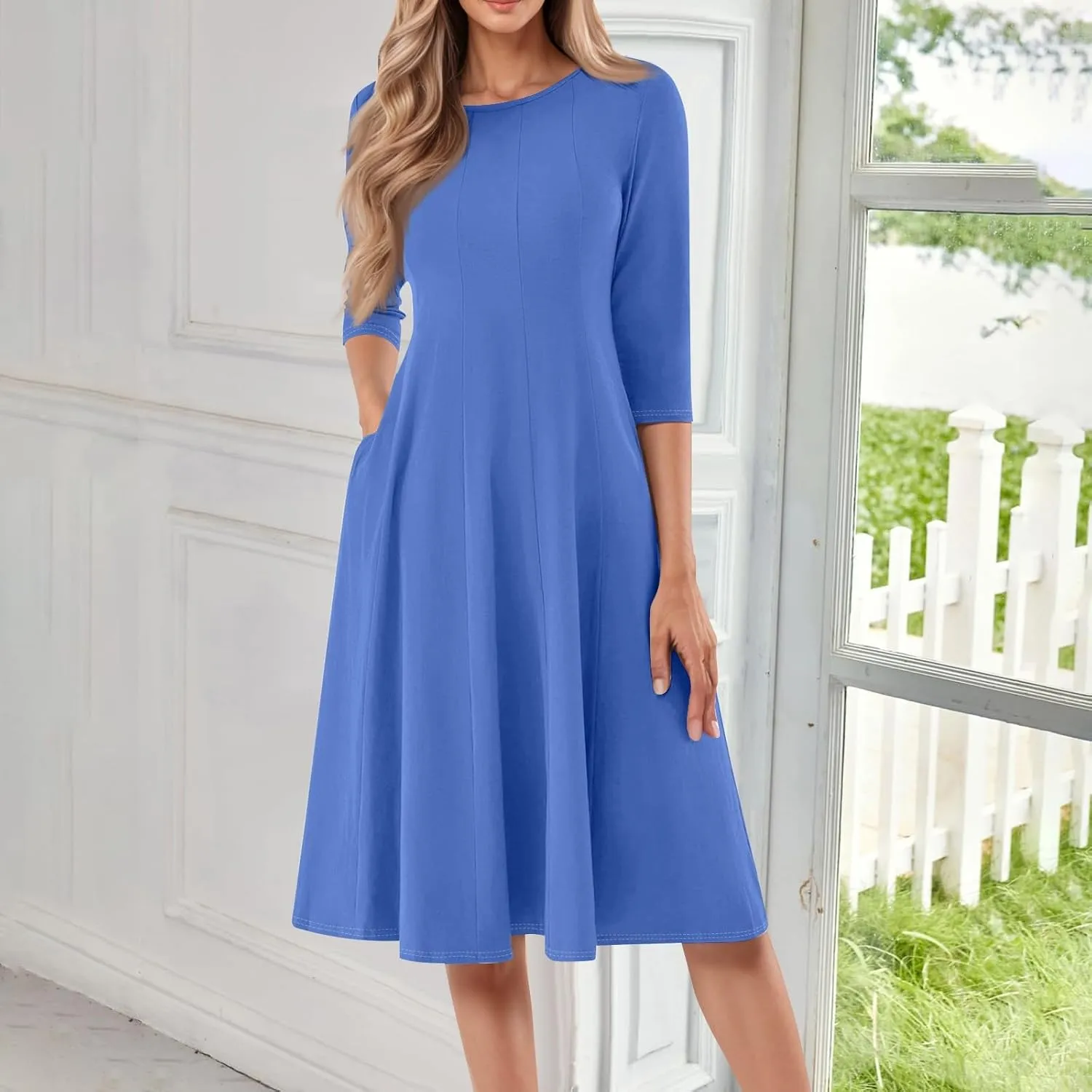 Dress for Women Casual Spring 3/4 Sleeve Ruched Dresses Midi Crew Neck A Line Solid Color with Pockets