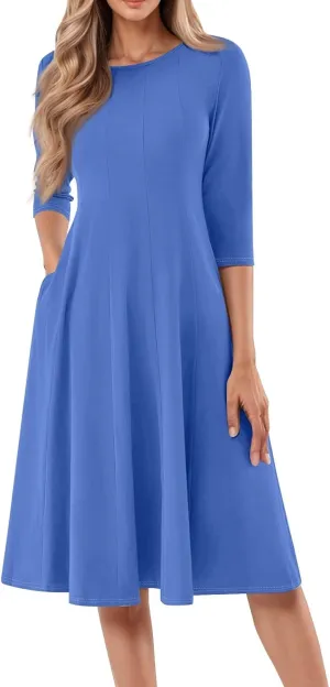 Dress for Women Casual Spring 3/4 Sleeve Ruched Dresses Midi Crew Neck A Line Solid Color with Pockets