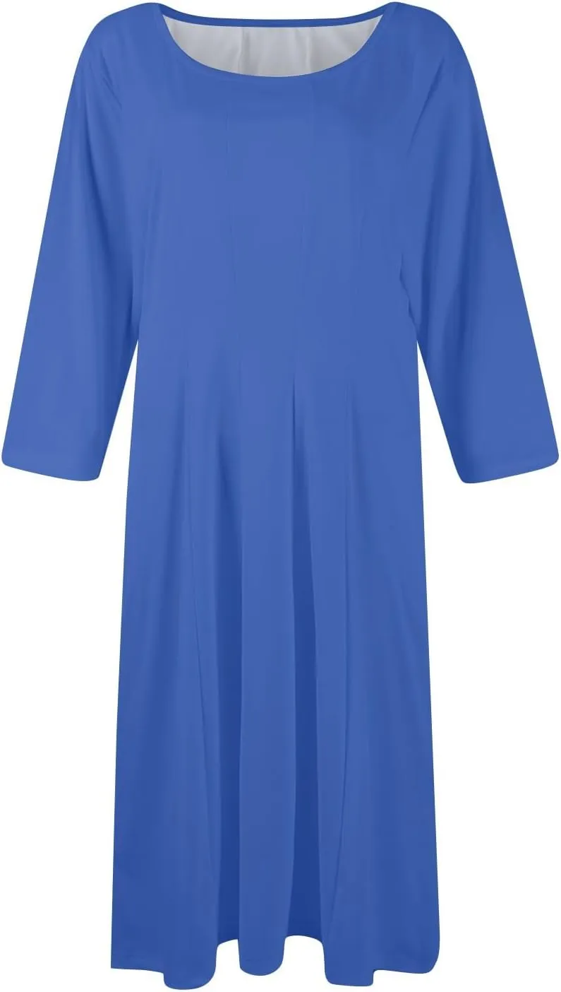 Dress for Women Casual Spring 3/4 Sleeve Ruched Dresses Midi Crew Neck A Line Solid Color with Pockets