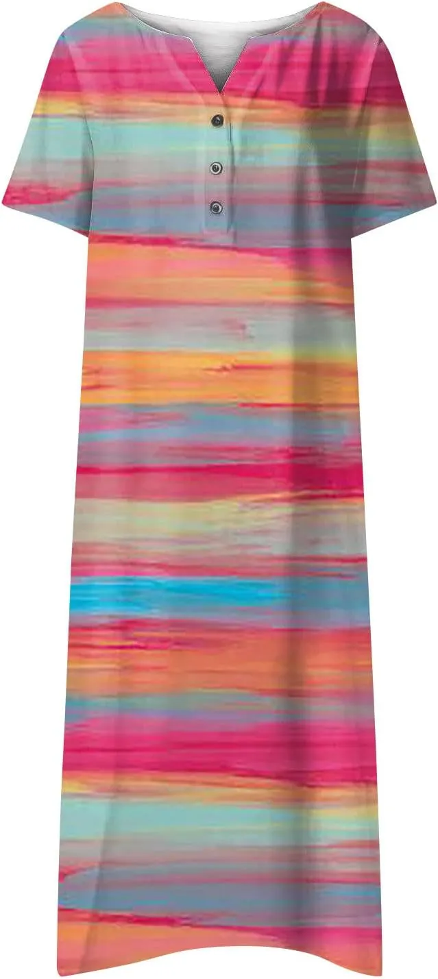 fartey Womens 2024 Summer Dress Casual Crewneck Tshirt Dresses Floral Print Short Sleeve Boho Dress Beach Vacation Outfits