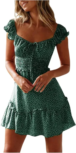 Floral Dress for Women Square Neck Ruffle Cap Sleeve Tie Front Mini Dress A Line Tiered Elastic Waist Summer Dresses