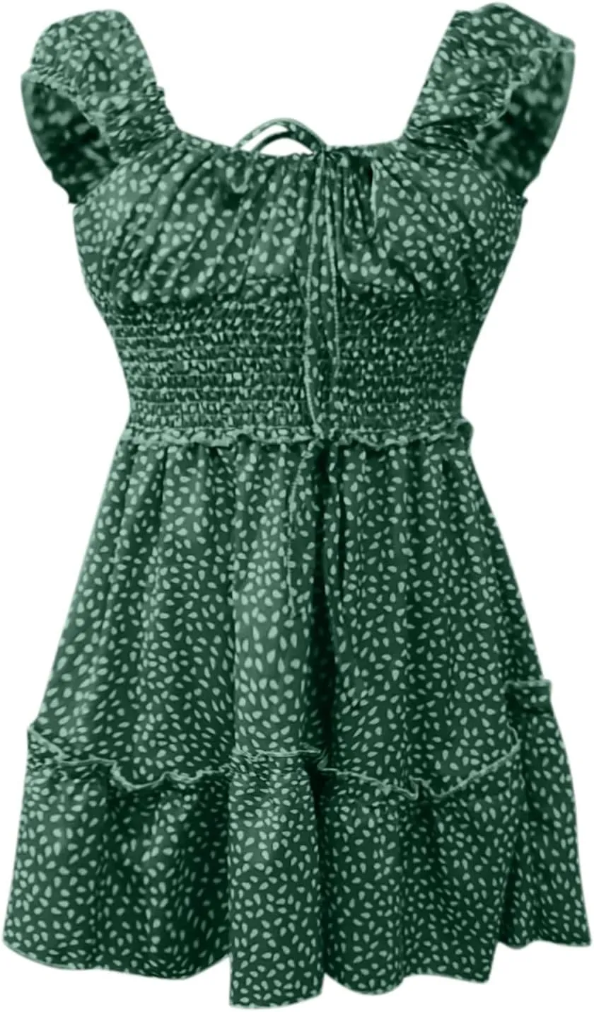 Floral Dress for Women Square Neck Ruffle Cap Sleeve Tie Front Mini Dress A Line Tiered Elastic Waist Summer Dresses