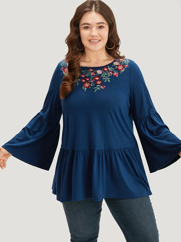 Floral Embroidered Bell Sleeve Crew Neck T-shirt