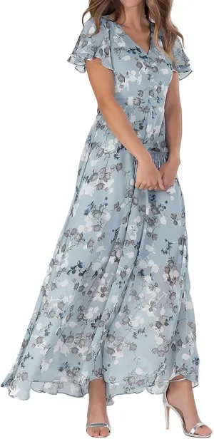 Floral Maxi Dresses for Women 2024 Casual Short Ruffle Sleeve V Neck Boho Dress Ruffle Hem Flowy Dress