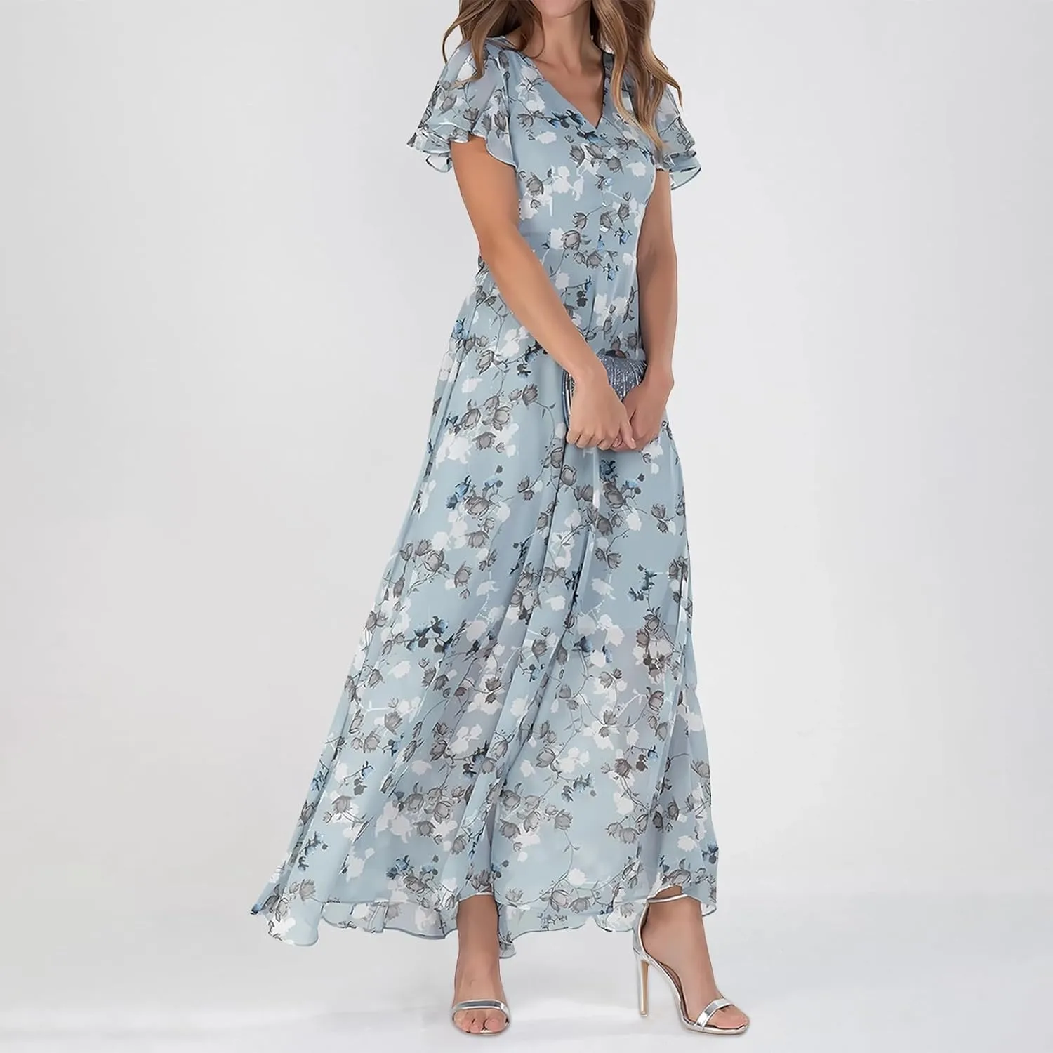 Floral Maxi Dresses for Women 2024 Casual Short Ruffle Sleeve V Neck Boho Dress Ruffle Hem Flowy Dress