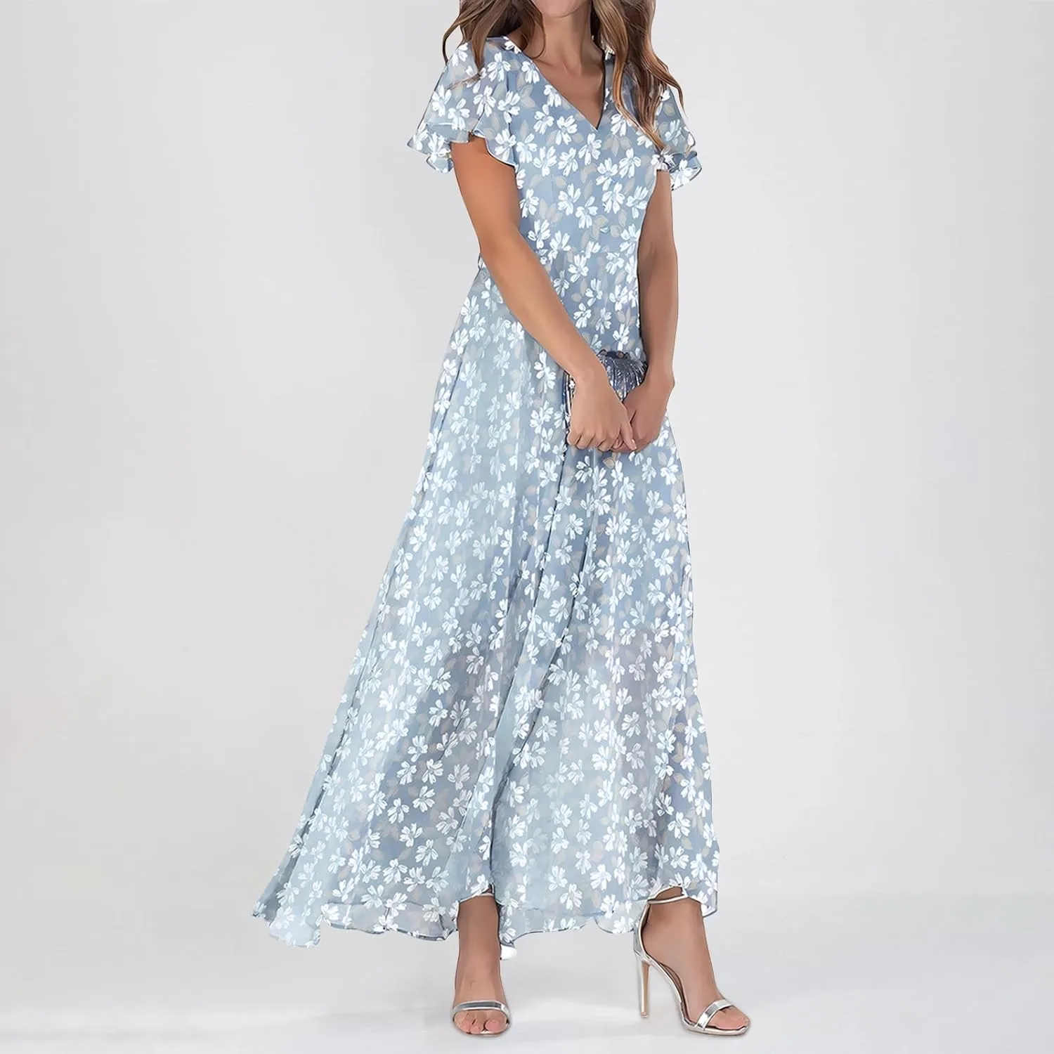 Floral Maxi Dresses for Women 2024 Casual Short Ruffle Sleeve V Neck Boho Dress Ruffle Hem Flowy Dress