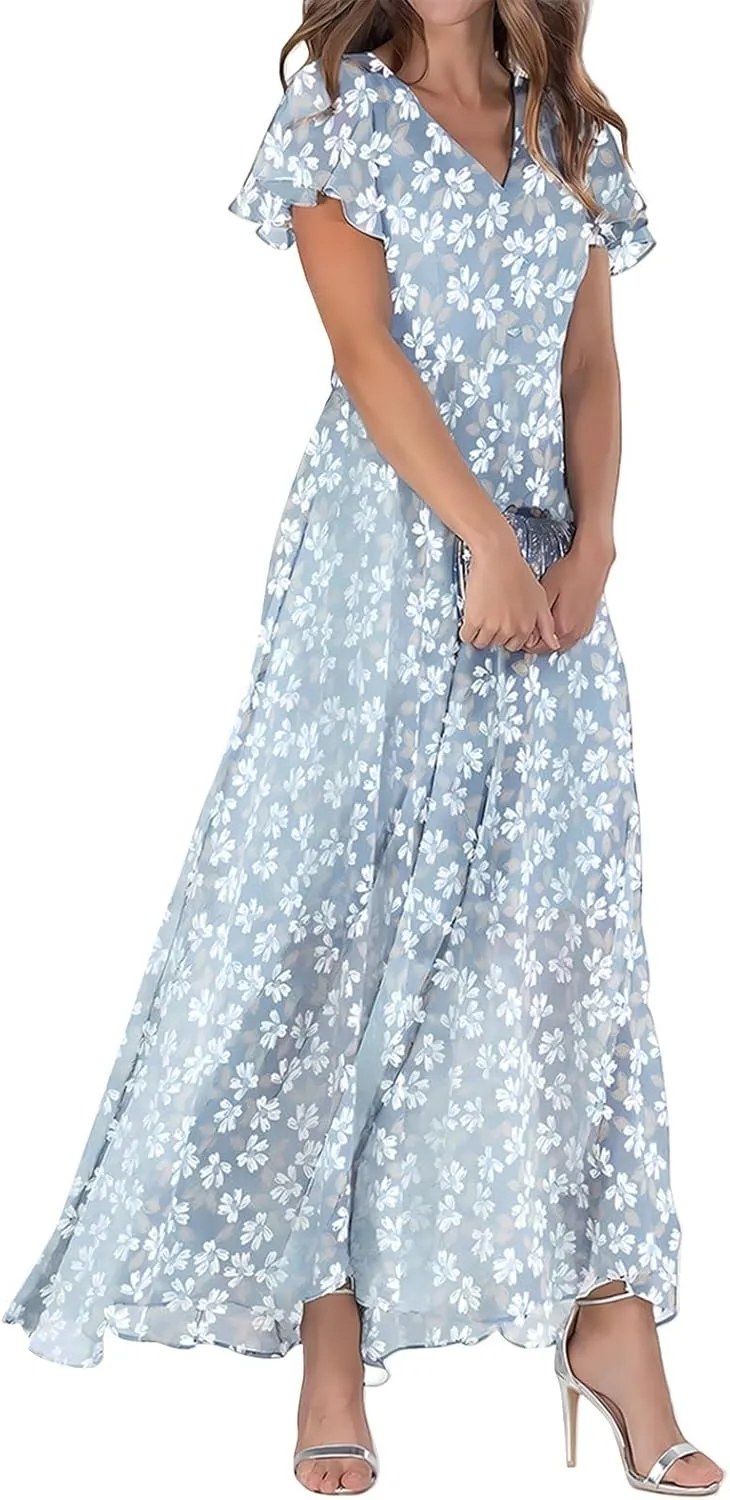 Floral Maxi Dresses for Women 2024 Casual Short Ruffle Sleeve V Neck Boho Dress Ruffle Hem Flowy Dress
