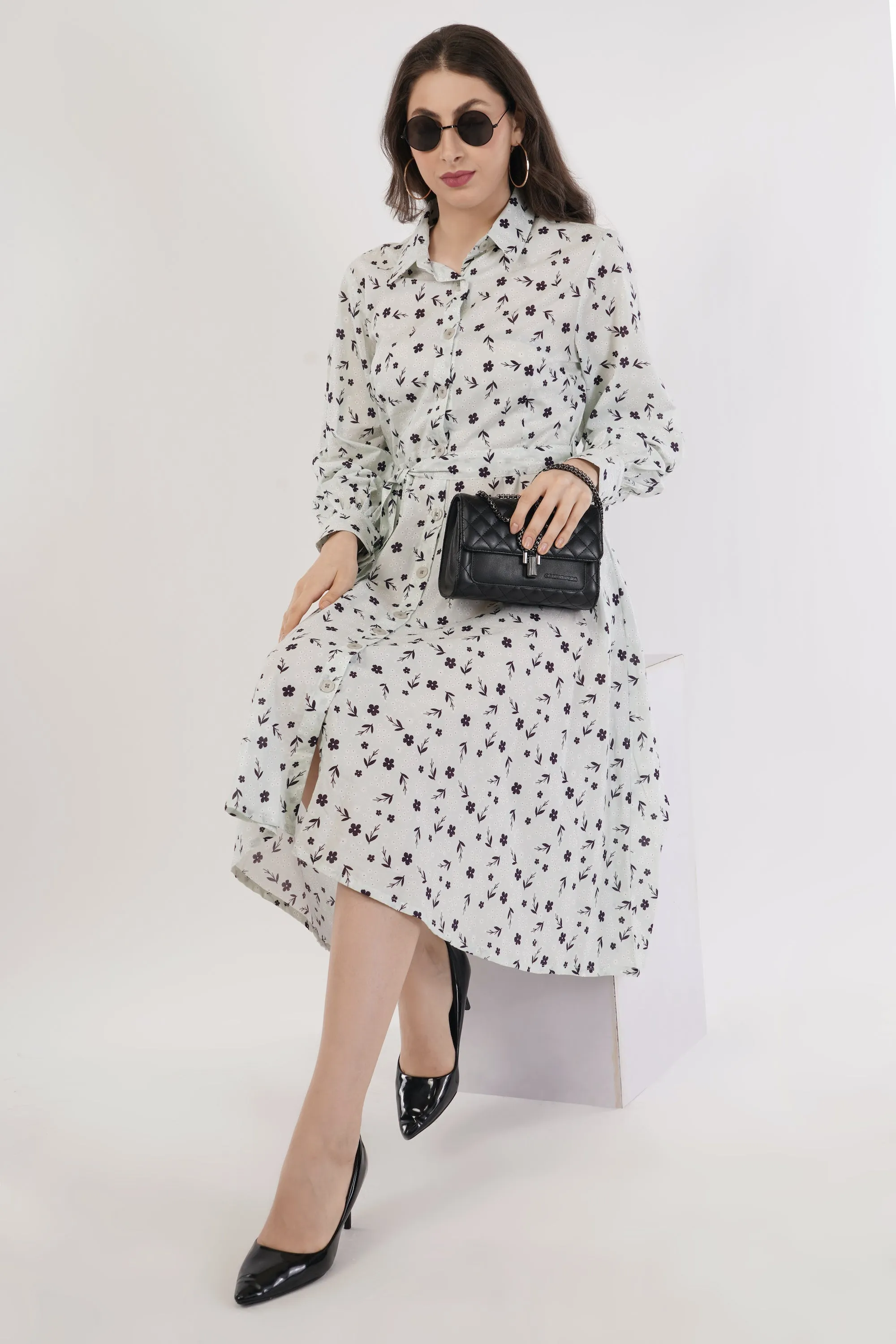 Florence Mint Green Long Cotton Shirt Floral Dress