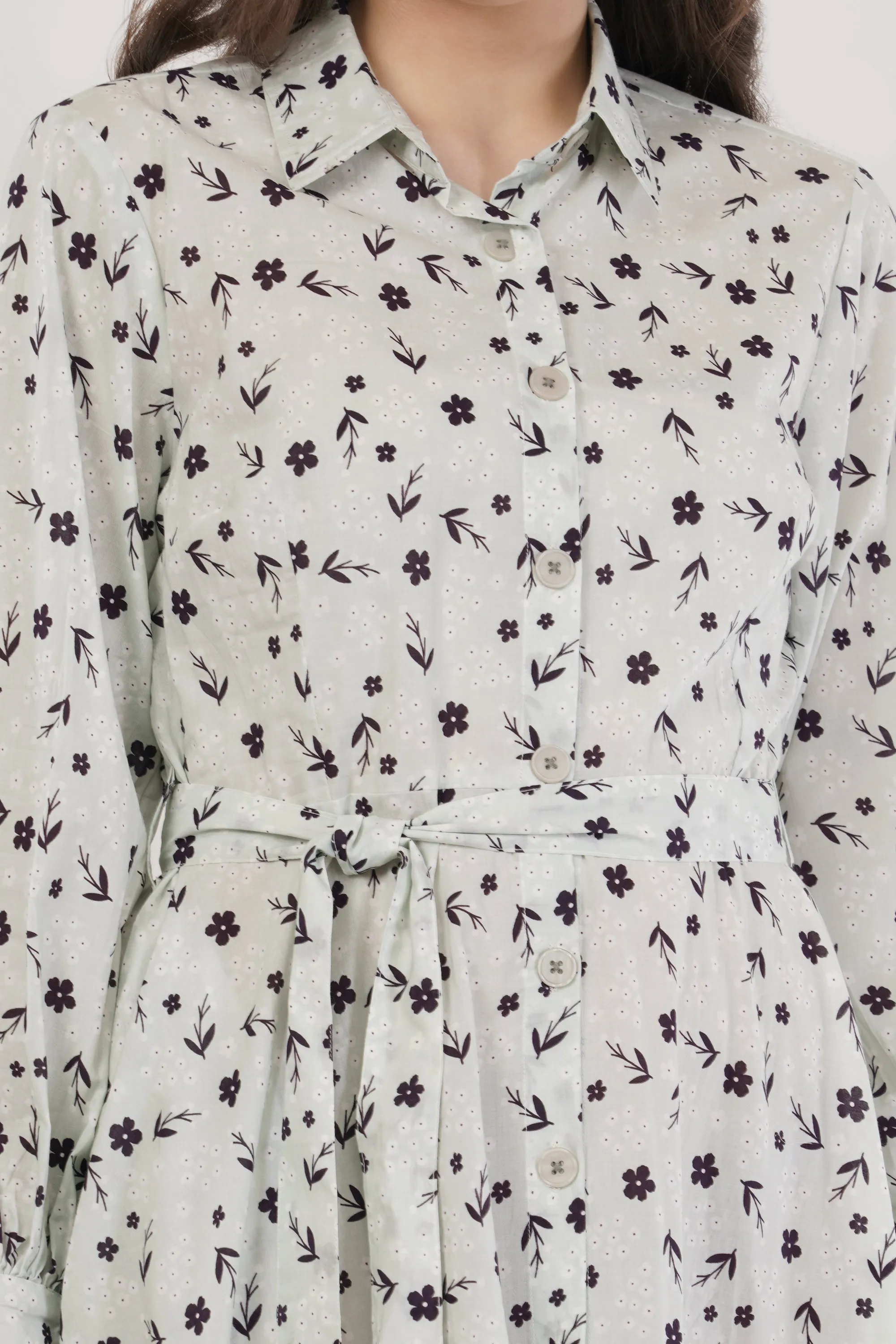Florence Mint Green Long Cotton Shirt Floral Dress
