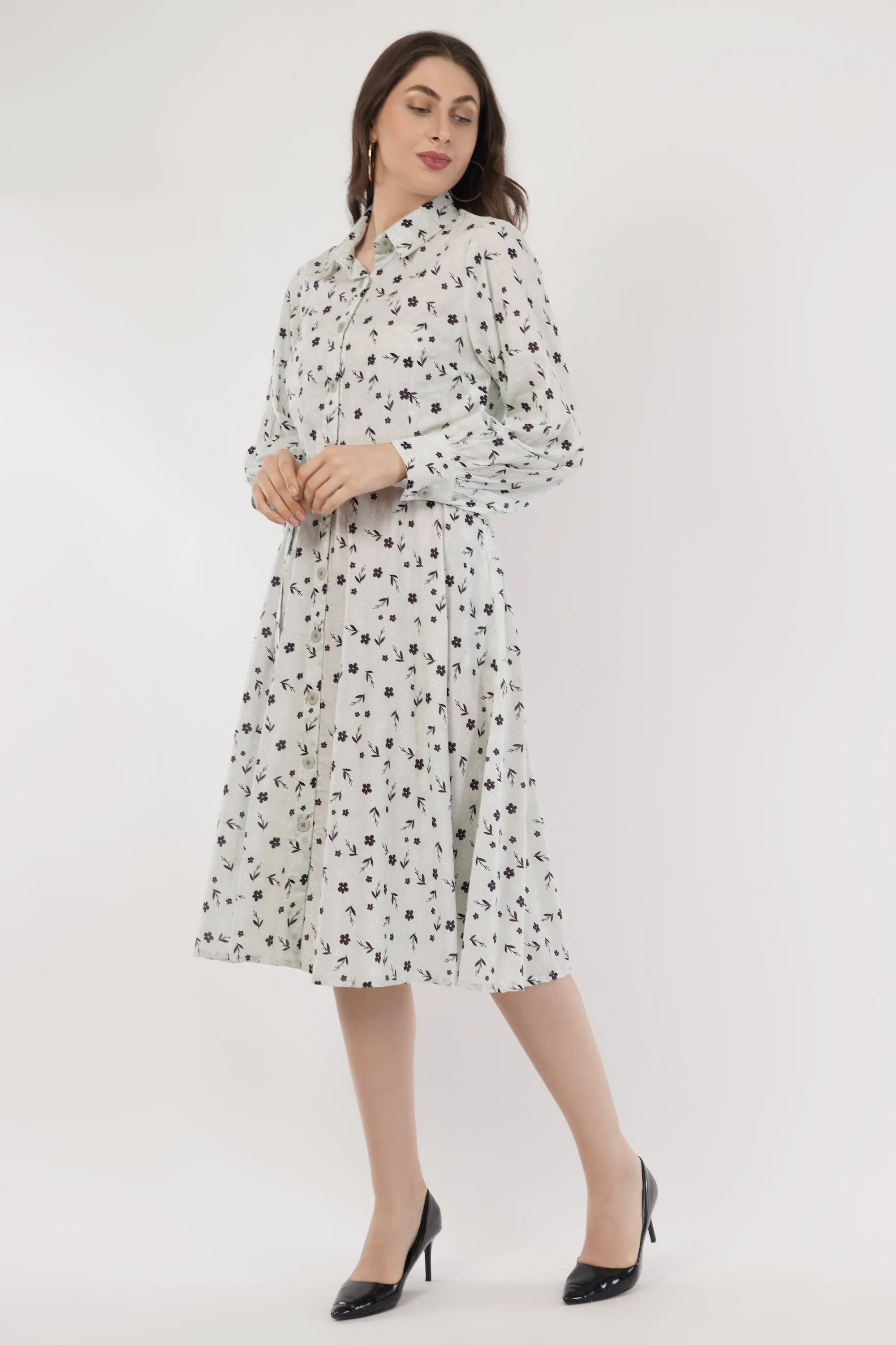 Florence Mint Green Long Cotton Shirt Floral Dress