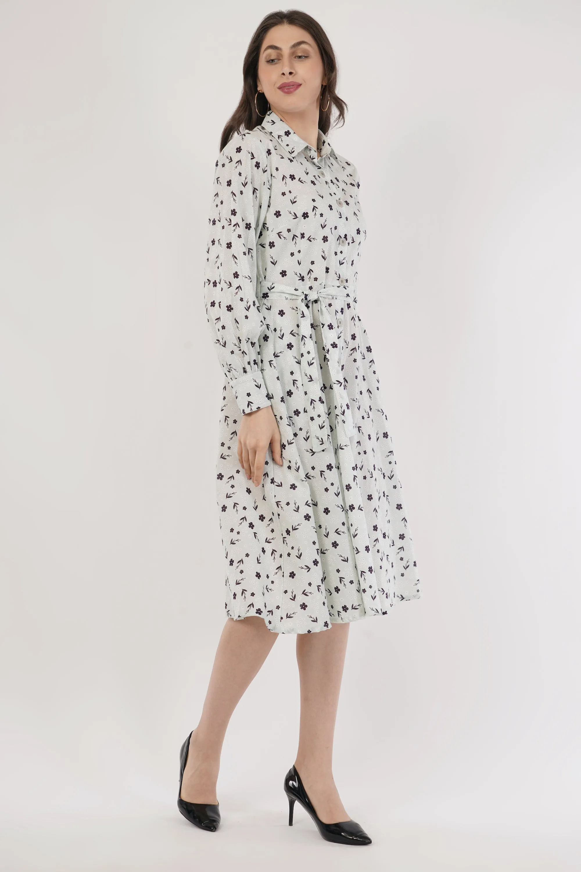 Florence Mint Green Long Cotton Shirt Floral Dress