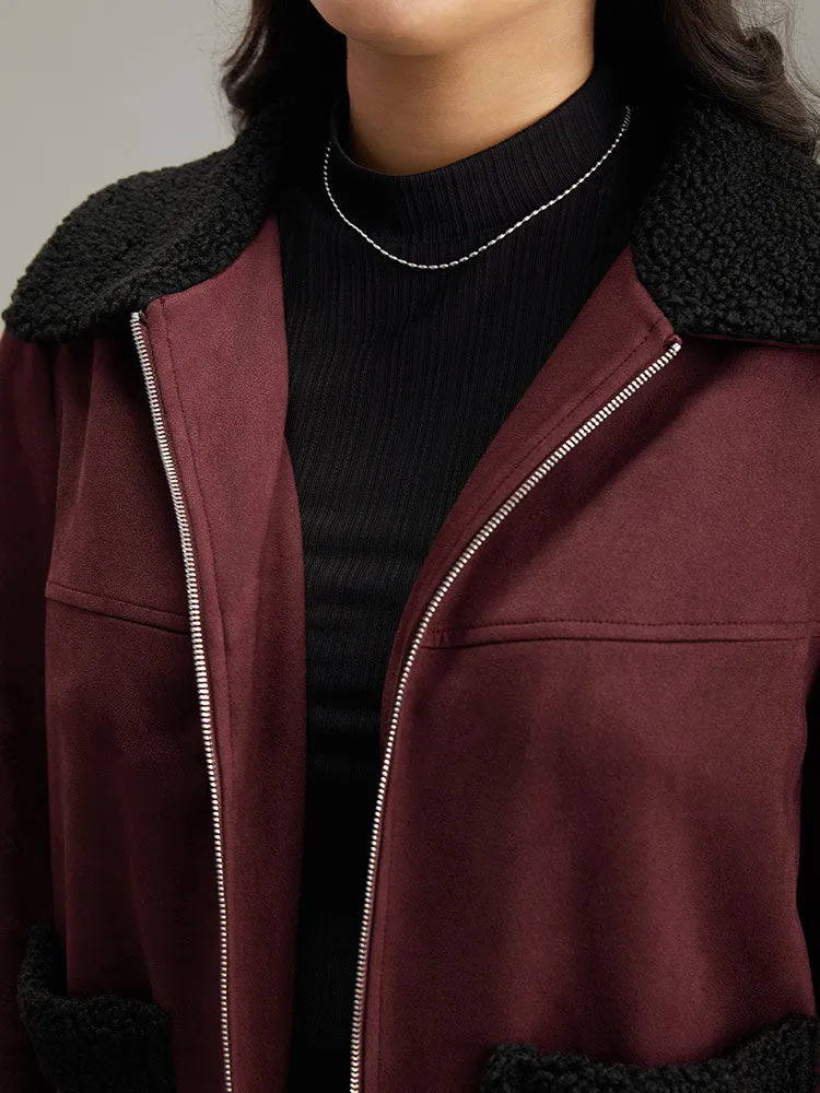 Fuzzy Trim Patched Pocket Zipper Jacket