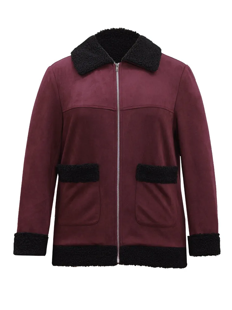 Fuzzy Trim Patched Pocket Zipper Jacket