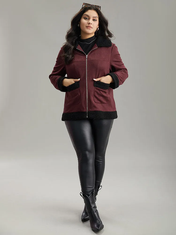 Fuzzy Trim Patched Pocket Zipper Jacket