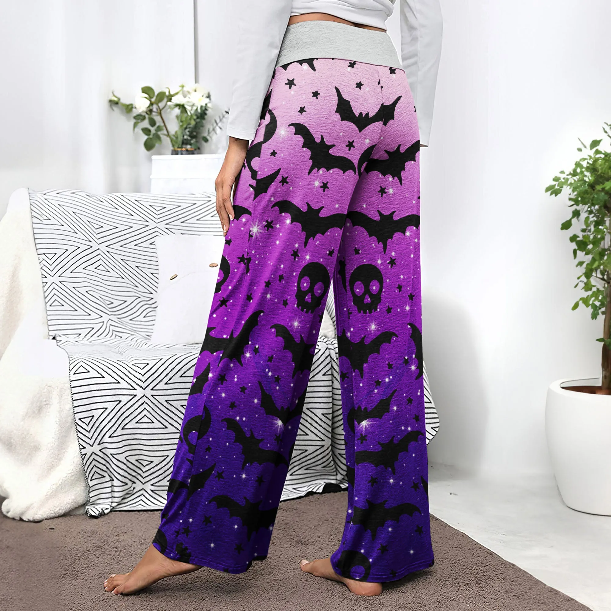 Galaxy Skull Bat Pattern Women's High-waisted Wide Leg Pants