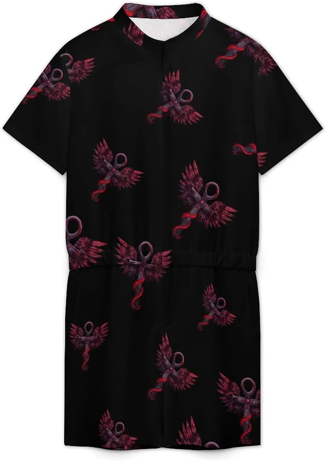 Gothic Silver Ankh Vampire with Red Wings Mens Short Sleeve Rompers Printed Slim Fit One Piece Jumpsuit with Pocket
