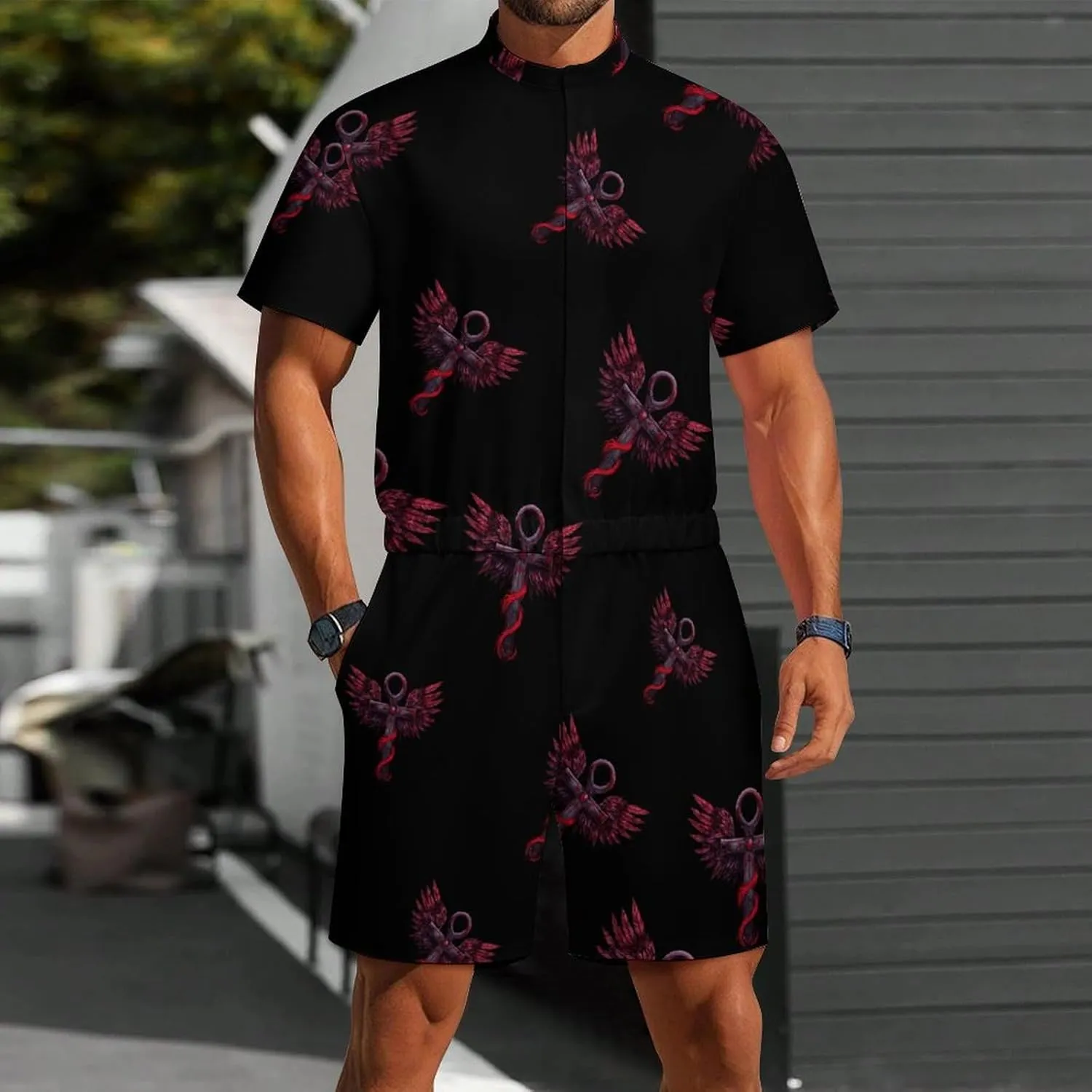 Gothic Silver Ankh Vampire with Red Wings Mens Short Sleeve Rompers Printed Slim Fit One Piece Jumpsuit with Pocket