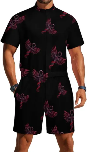 Gothic Silver Ankh Vampire with Red Wings Mens Short Sleeve Rompers Printed Slim Fit One Piece Jumpsuit with Pocket