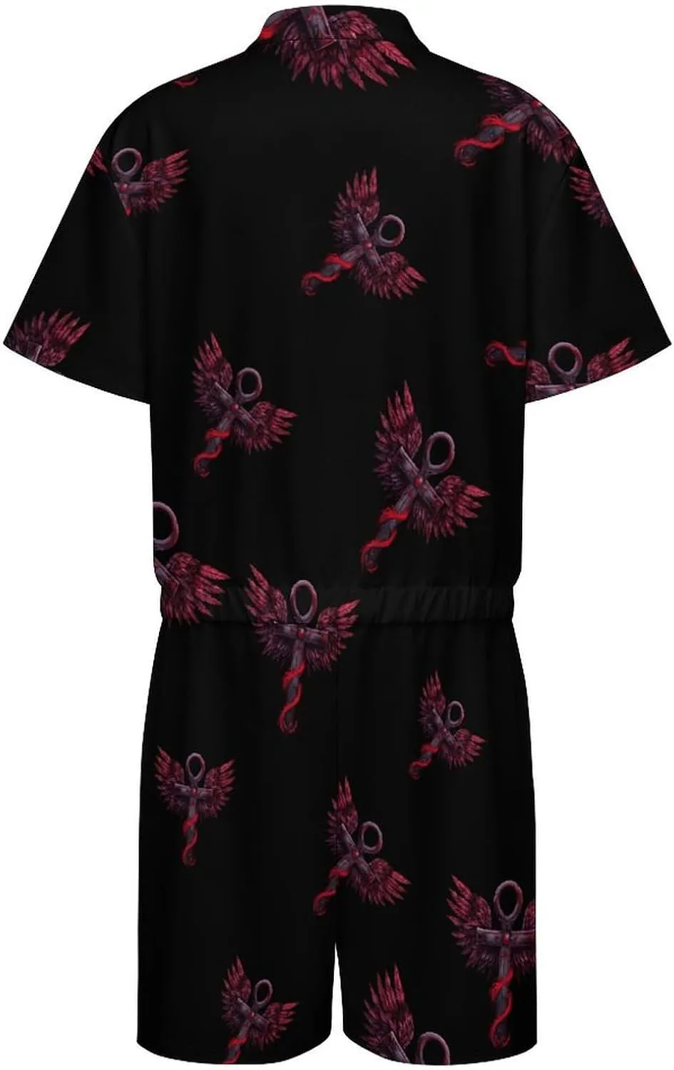 Gothic Silver Ankh Vampire with Red Wings Mens Short Sleeve Rompers Printed Slim Fit One Piece Jumpsuit with Pocket