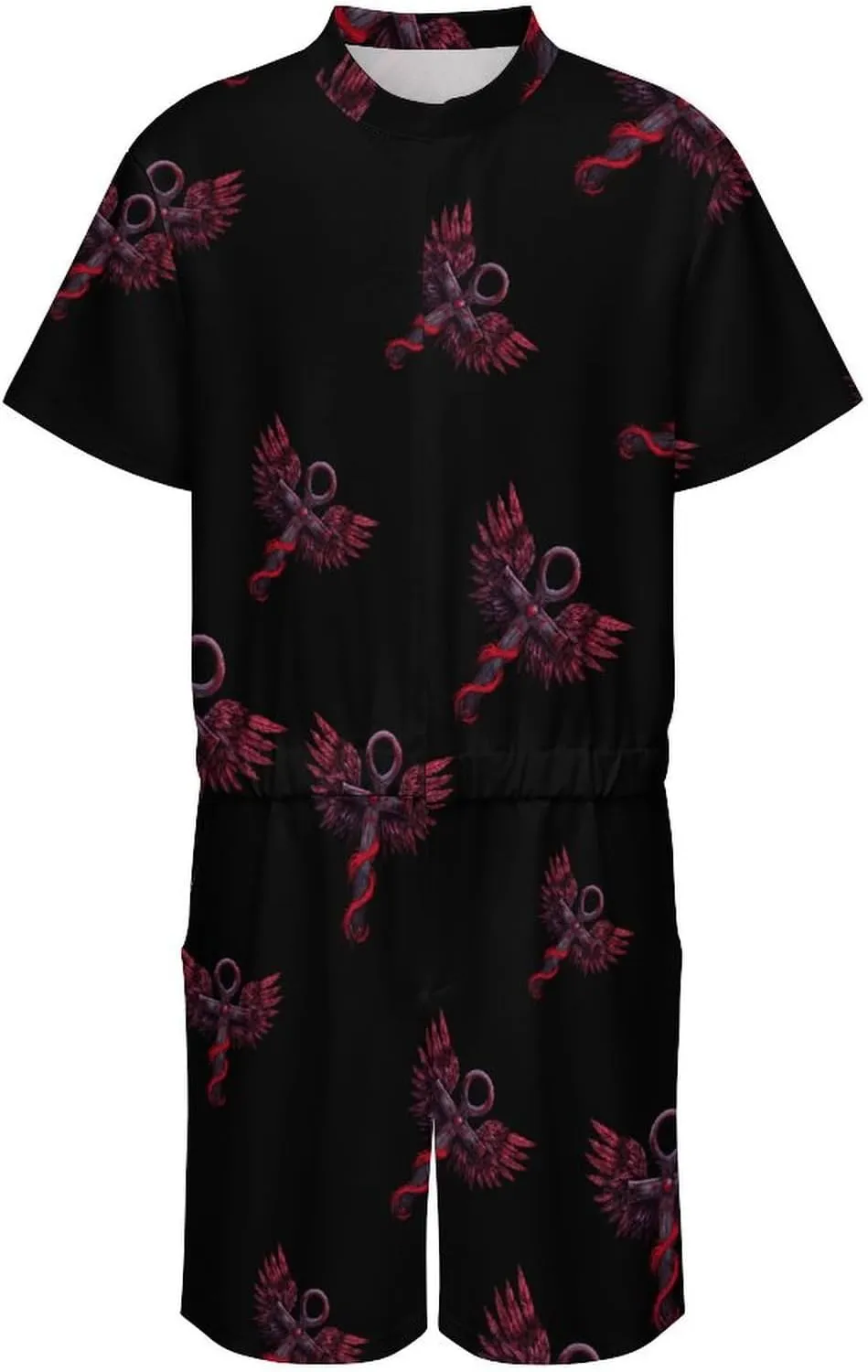 Gothic Silver Ankh Vampire with Red Wings Mens Short Sleeve Rompers Printed Slim Fit One Piece Jumpsuit with Pocket