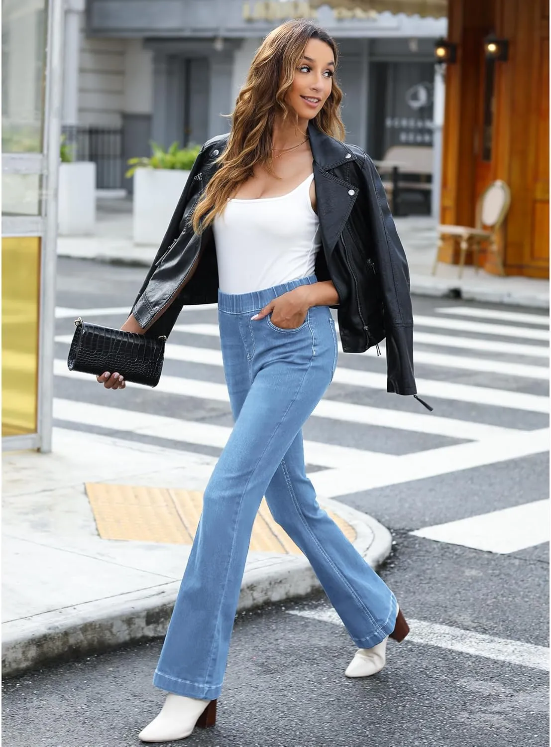 GRAPENT Pull On Jeans for Women High Waisted Stretchy Flare Elastic Waist Bootcut Denim Pants Boot Cut Jean