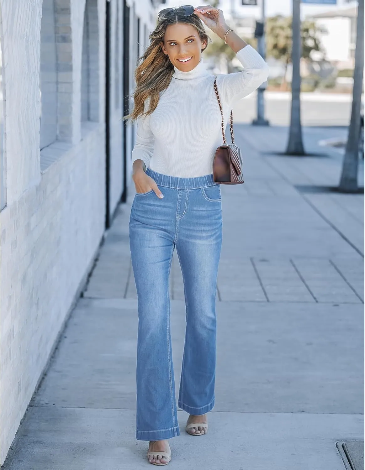 GRAPENT Pull On Jeans for Women High Waisted Stretchy Flare Elastic Waist Bootcut Denim Pants Boot Cut Jean