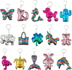 GuassLee 15Pcs Flip Sequin Keychain for Kids Girls Party Favors, Backpack Unicorn Mermaid Keychains Bulk for Kids Classroom Carnival Prizes Goody Bag Stuffers Easter Presents Birthday Party Gifts