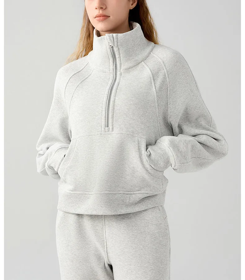 Half Zipper High Stand Collar Pullover Women Autumn Winter Outer Wear Casual Running Thermal Fleece Thickening Exercise Sweater