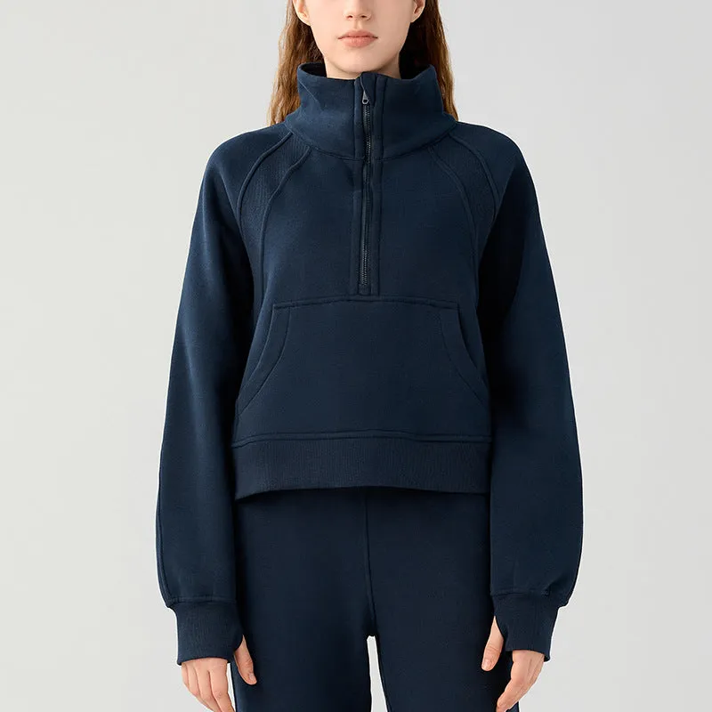 Half Zipper High Stand Collar Pullover Women Autumn Winter Outer Wear Casual Running Thermal Fleece Thickening Exercise Sweater