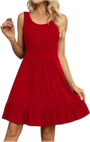 HGps8w Women's Beach Sundress Casual Solid 2025 Summer Sleeveless Loose Ruffle Hem A Line Mini Tank Dresses