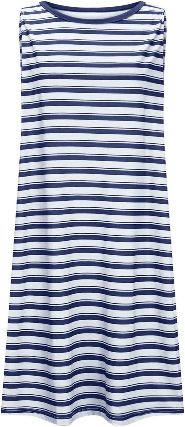 hlysgo Mini Dresses for Women 2025 Summer Sleeveless Crew Neck Beach Sundress Knee Length Stripes Coverup Dress with Pockets