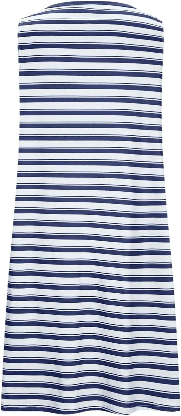 hlysgo Mini Dresses for Women 2025 Summer Sleeveless Crew Neck Beach Sundress Knee Length Stripes Coverup Dress with Pockets