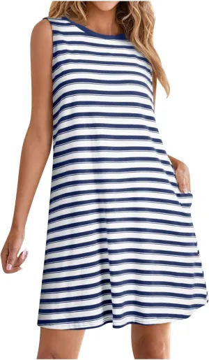 hlysgo Mini Dresses for Women 2025 Summer Sleeveless Crew Neck Beach Sundress Knee Length Stripes Coverup Dress with Pockets