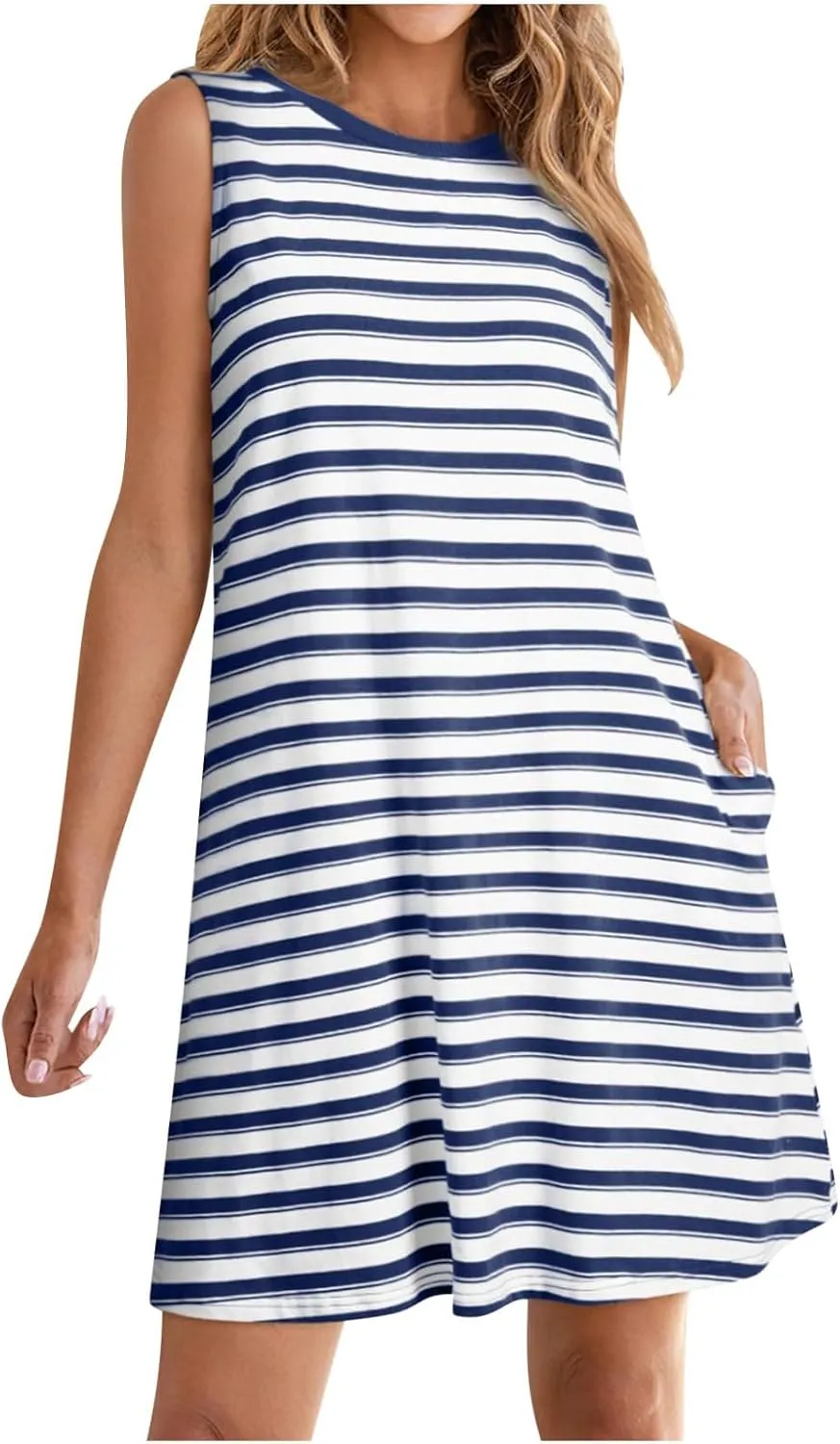 hlysgo Mini Dresses for Women 2025 Summer Sleeveless Crew Neck Beach Sundress Knee Length Stripes Coverup Dress with Pockets