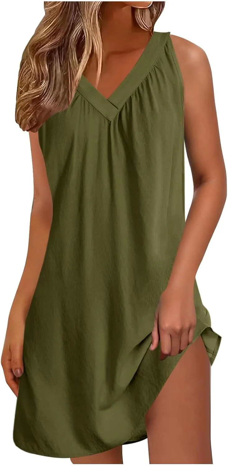 hlysgo Womens Dress 2025 Summer Casual Loose Fit Sleeveless V Neck Pajamas Dresses Solid Comfy Beach Vacation Mini Sundress