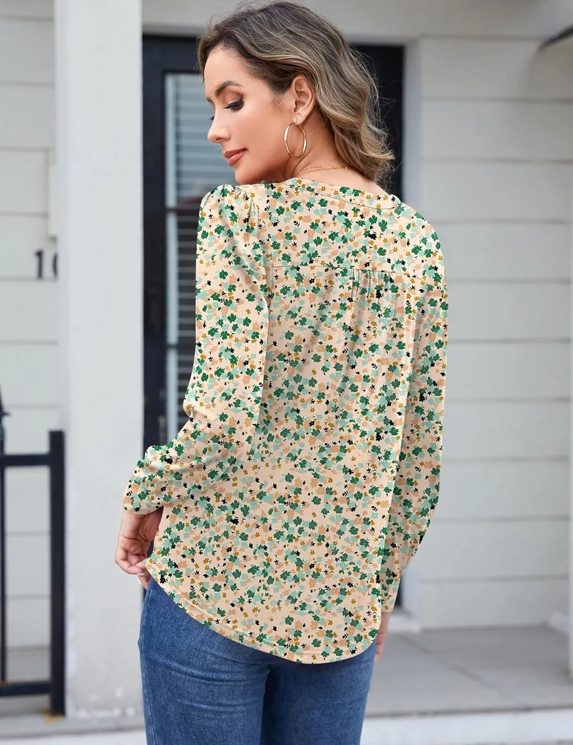 IECCP Women's Work V Neck Shirts Long Sleeve Blouses Dressy Pleated Front Tunic Tops to Hide Belly Fall Clothes