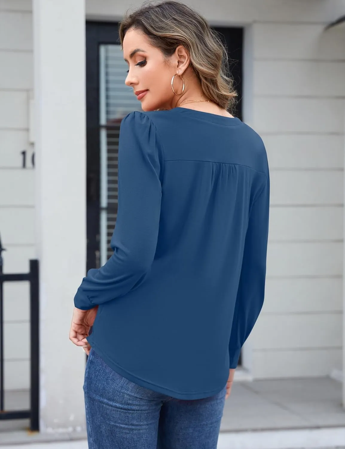 IECCP Women's Work V Neck Shirts Long Sleeve Blouses Dressy Pleated Front Tunic Tops to Hide Belly Fall Clothes
