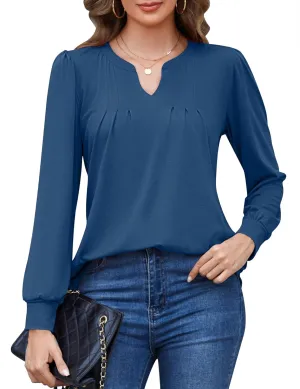 IECCP Women's Work V Neck Shirts Long Sleeve Blouses Dressy Pleated Front Tunic Tops to Hide Belly Fall Clothes