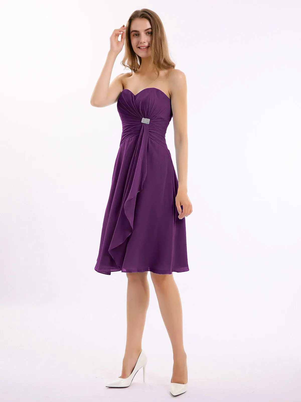 Knee Length Chiffon Dress with Sweetheart Neck-Grape