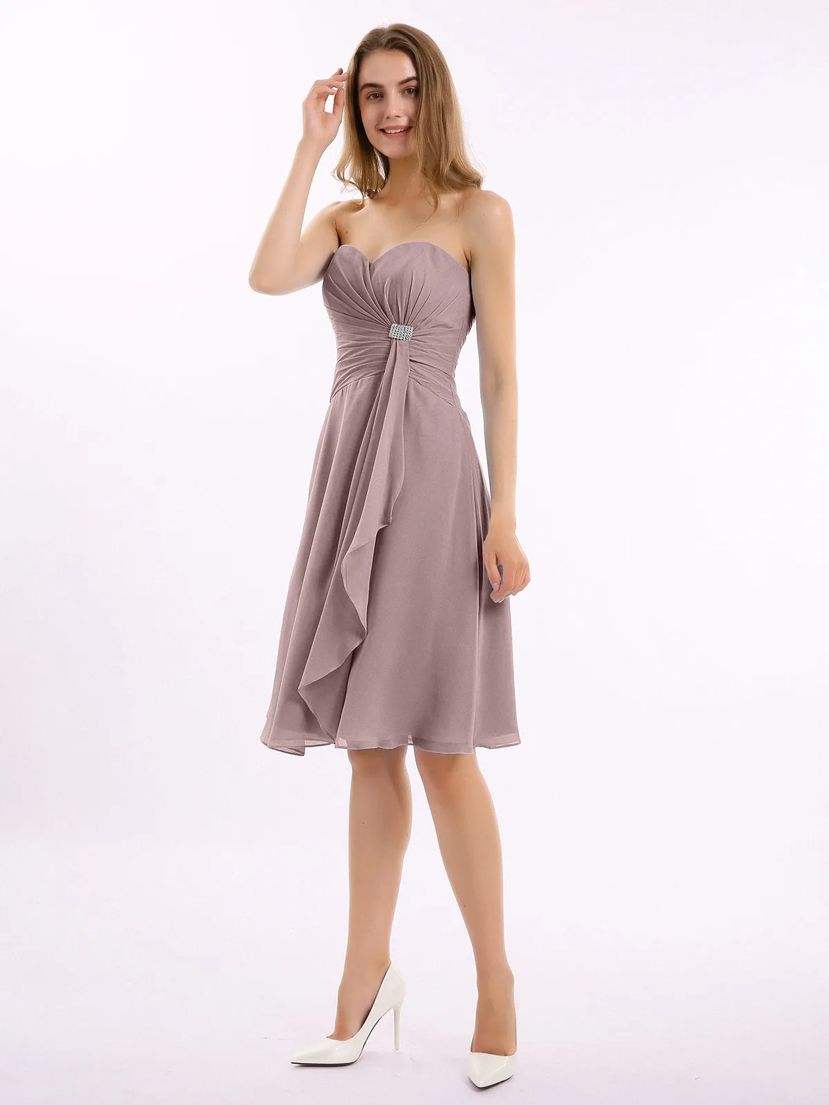 Knee Length Chiffon Dress with Sweetheart Neck-Vintage Mauve Plus Size