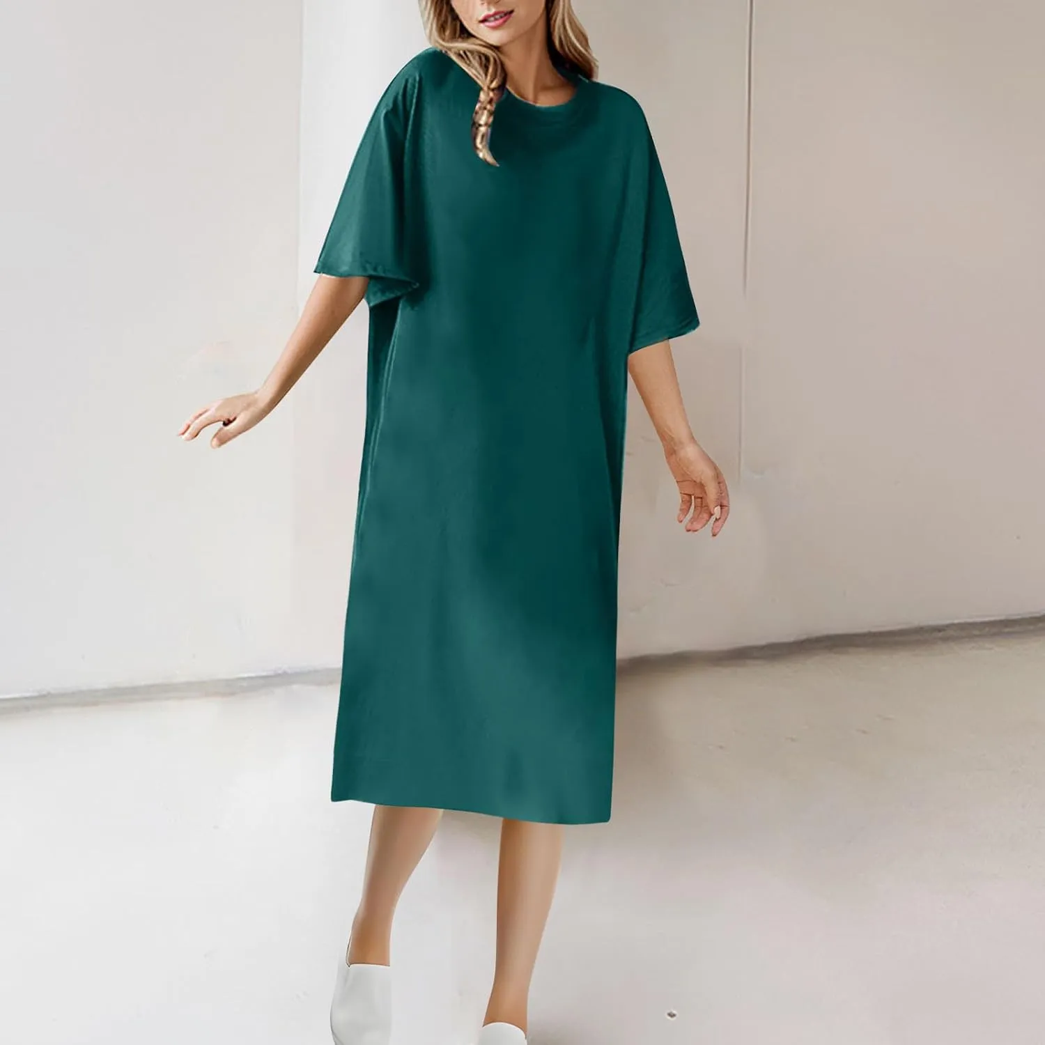 Knee Length T-Shirt Dress for Women Loose Short Sleeve Summer Pullover Dresses Casual Comfy Lounge Tunic Dress